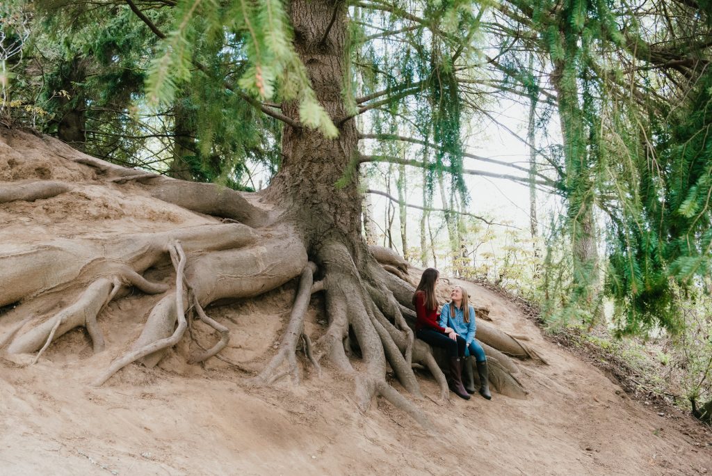 Couple Sit Together on Huge Tree Root System For Winkworth Arboretum Couples Shoot