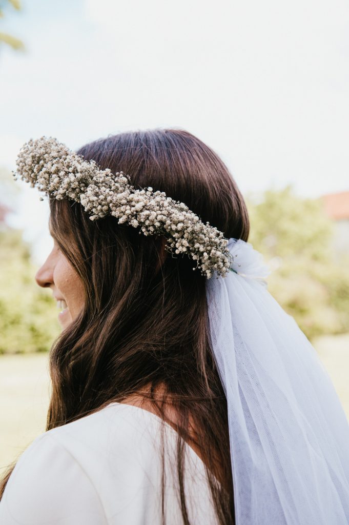 Gorgeous Bride with Flower Crown and Vintage Veil