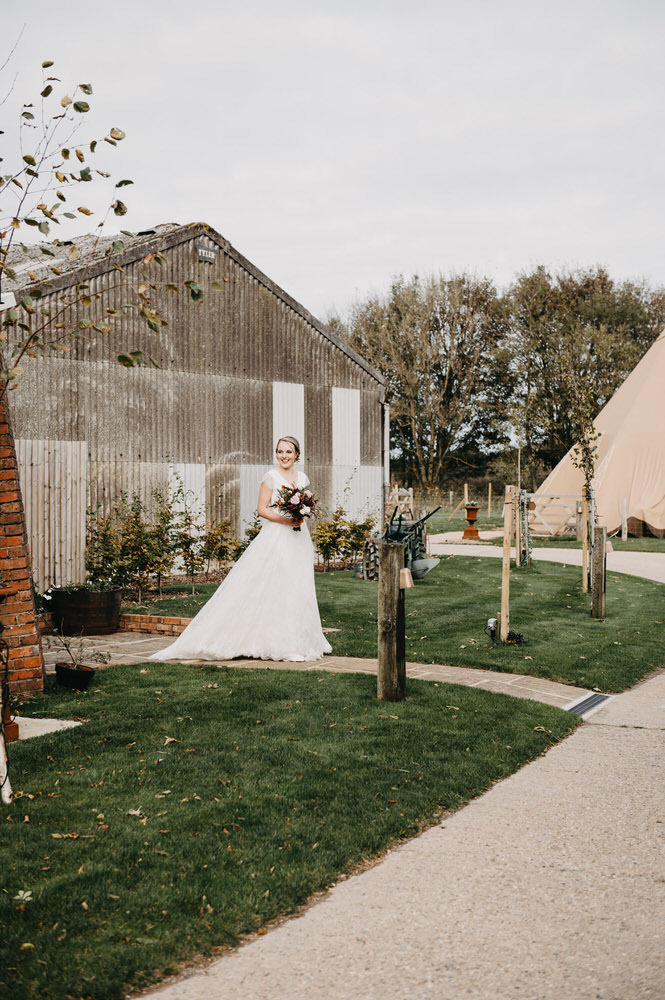 Bride Walks To Meet Groom - Botley Hill Barn Wedding