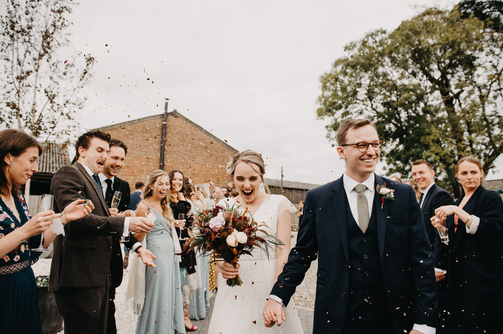 Fun and Candid Wedding Confetti Photography - Botley Hill Barn Farm Wedding