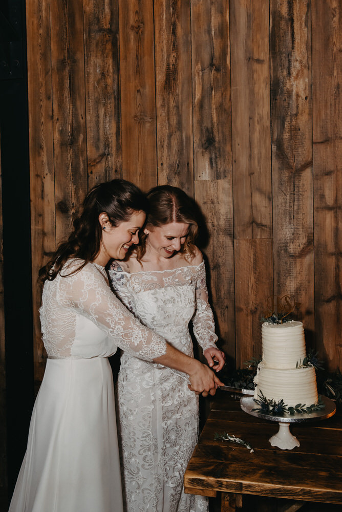 Brides Cut The Cake Together - LGBTQ Friendly Photographer