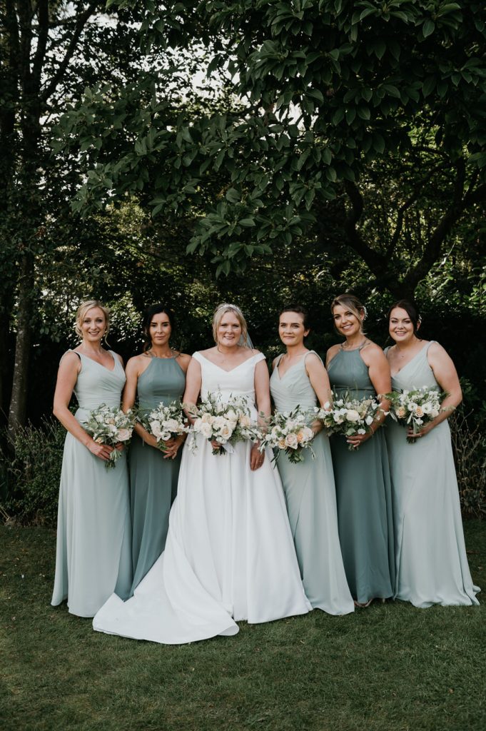 Bridesmaids in Shades of Green Dress - Surrey Wedding Group Photography