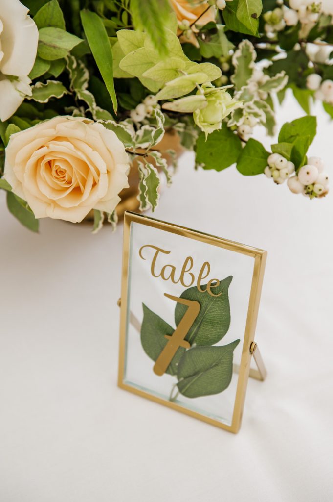Stylish Table Numbers in Frames with Foliage, Surrey Wedding