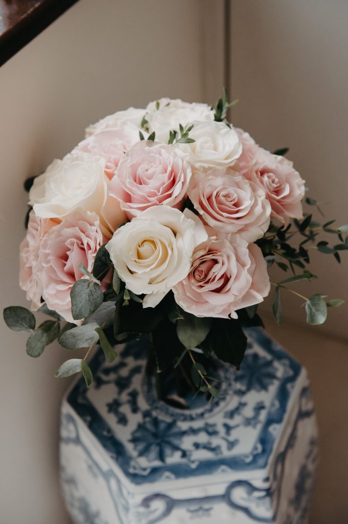 Wedding Bouquet of White and Pink Roses