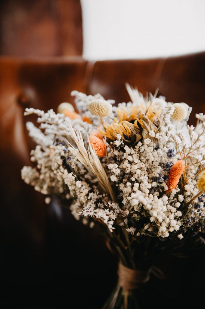 Dried wedding floral bouquet. Wedding flowers made out of dried arrangements. 