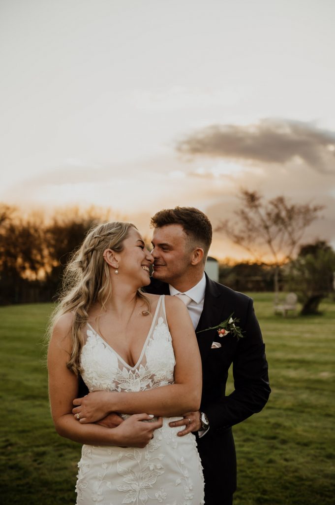 Romantic Couples Sunset Wedding Portrait - Grittenham Barn Wedding Photographer 
