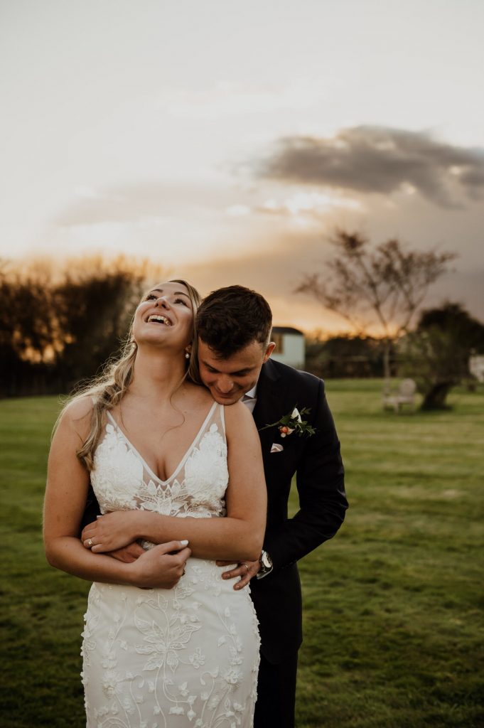 Romantic Couples Sunset Wedding Portrait - Grittenham Barn Wedding Photographer