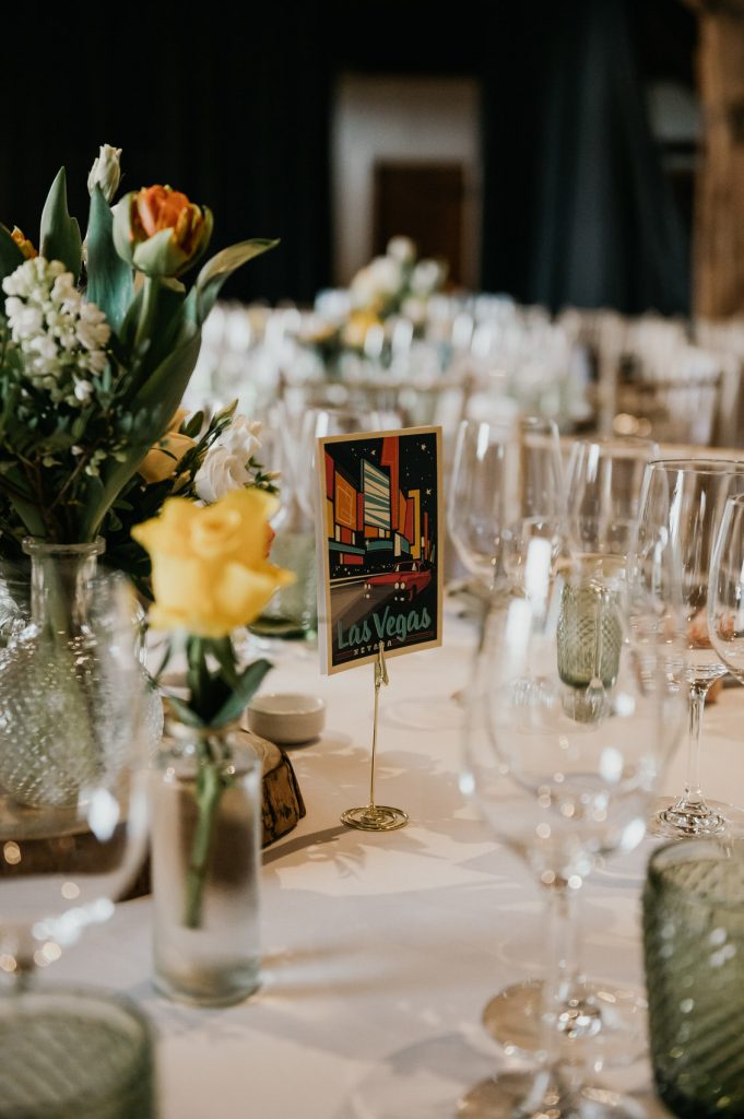 Personalised Tabe Decor with American Table Names - Grittenham Barn Wedding