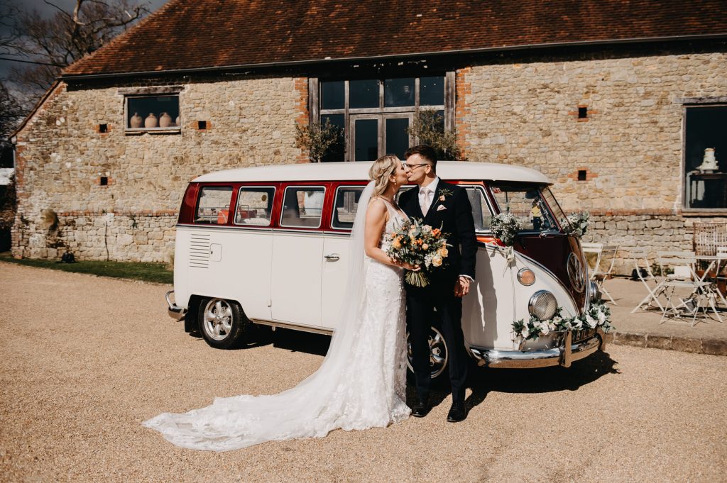 Couple and VW Wedding Car - Grittenham Barn Wedding