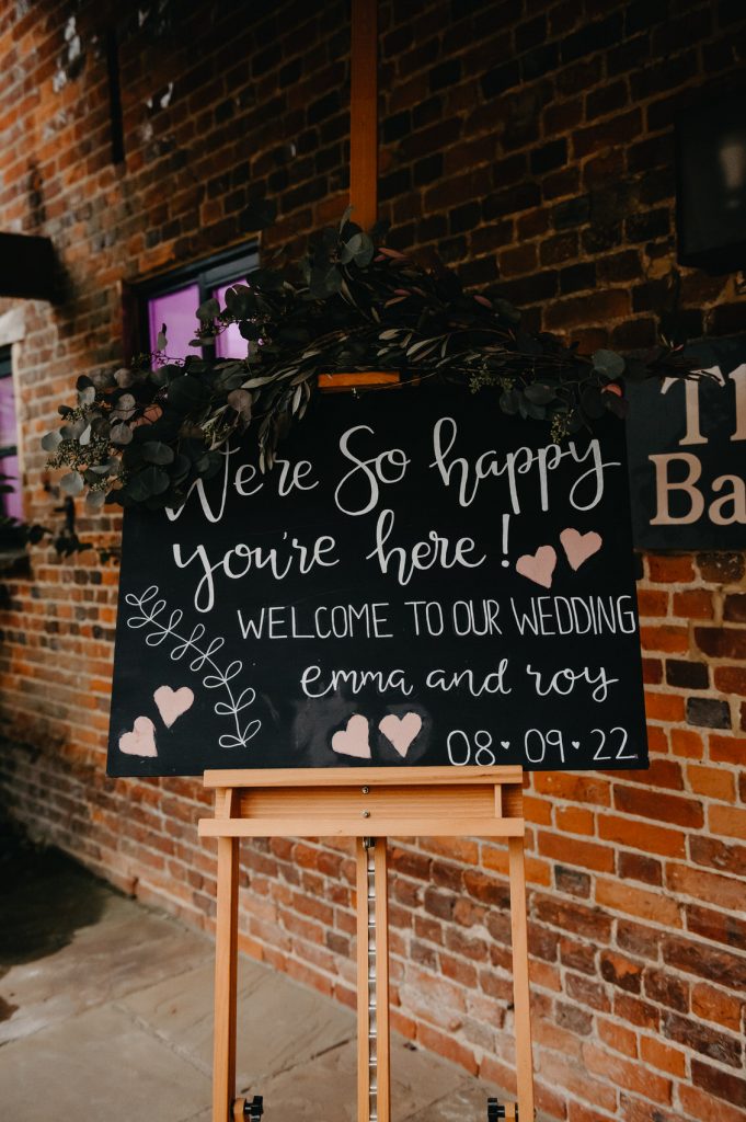 Home Made Welcome Sign for Wedding at Bury Court Barn