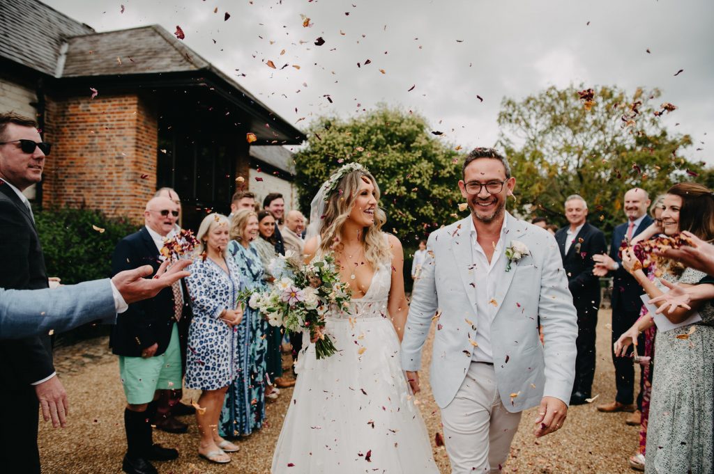 Wedding at Bury Court Barn, Couple in Confetti 