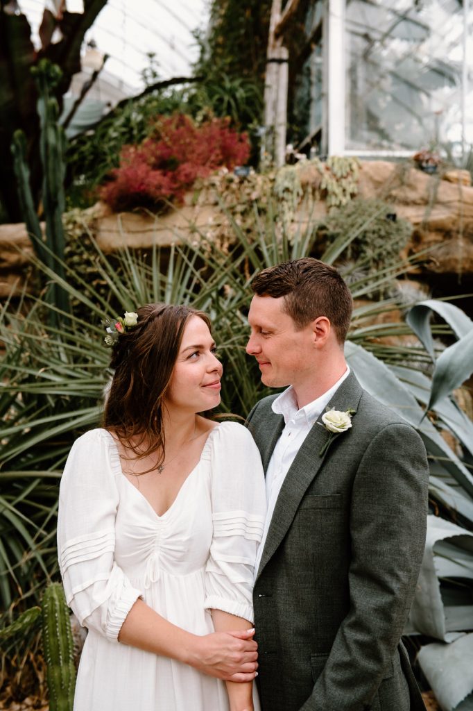 Natural and Candid Wedding Portrait in Tropical Glasshouse 