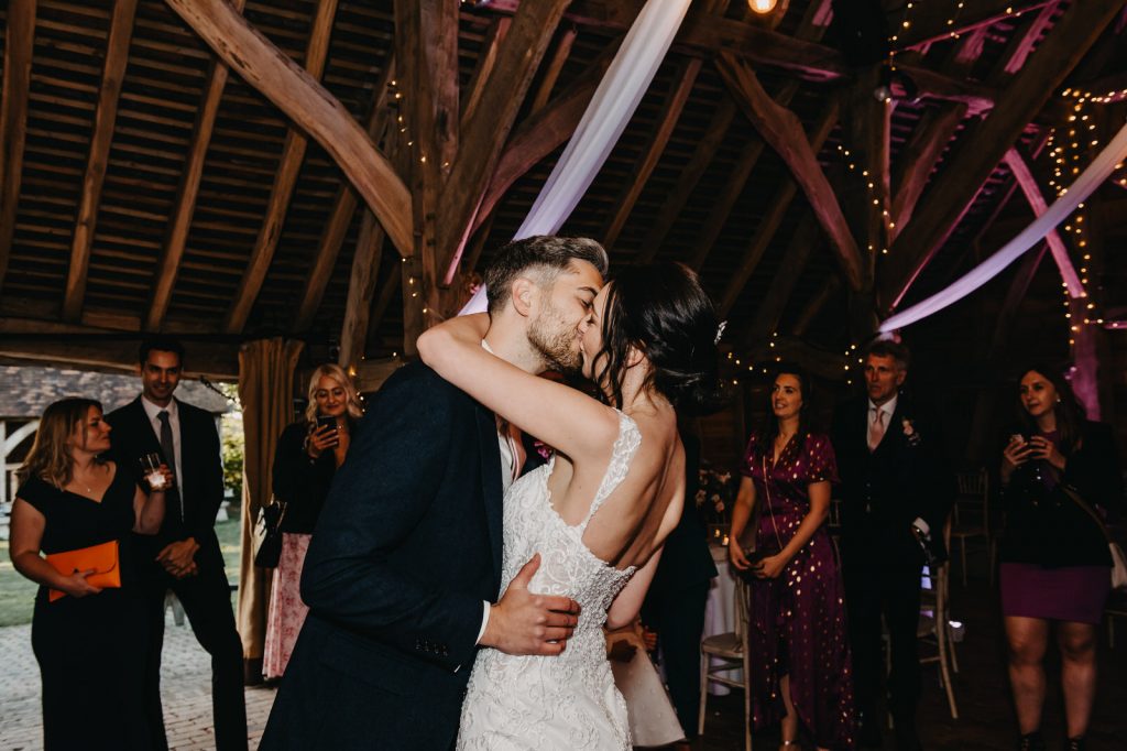 Romantic First Dance Kiss - Gildings Barn Wedding