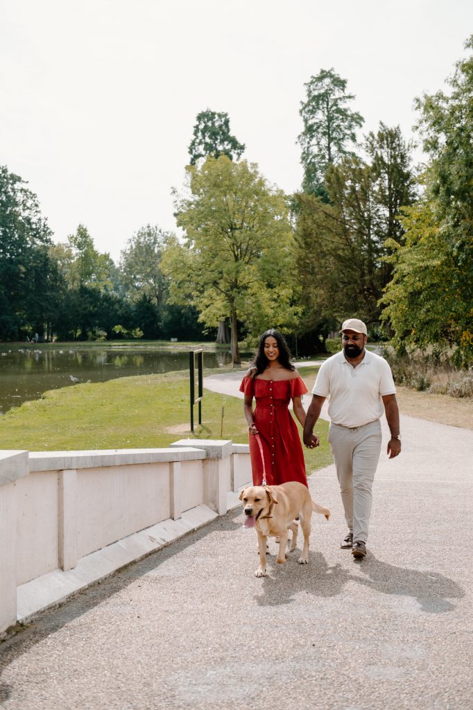 Couple Walk With Their Dog for Painshill Park Engagement Photographs