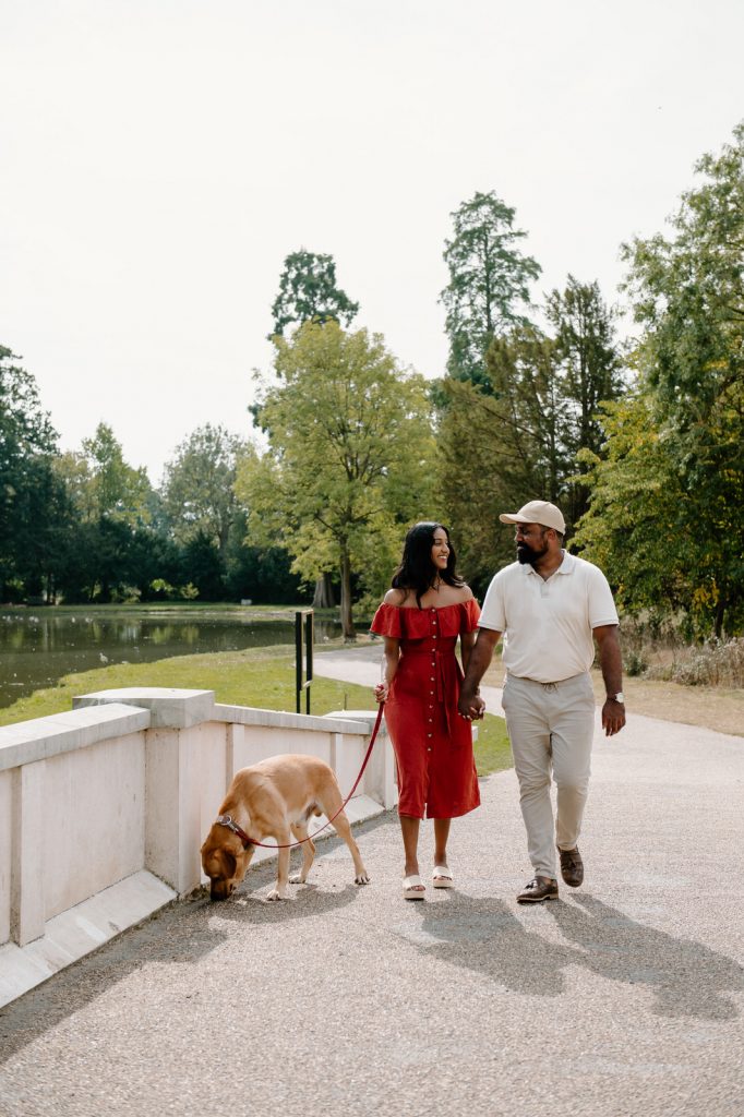 Couple Walk With Their Dog for Painshill Park Engagement Photographs