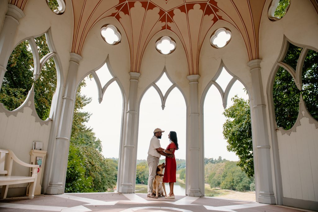 Natural Couples Portrait With Their Dog, Painshill Park Engagement