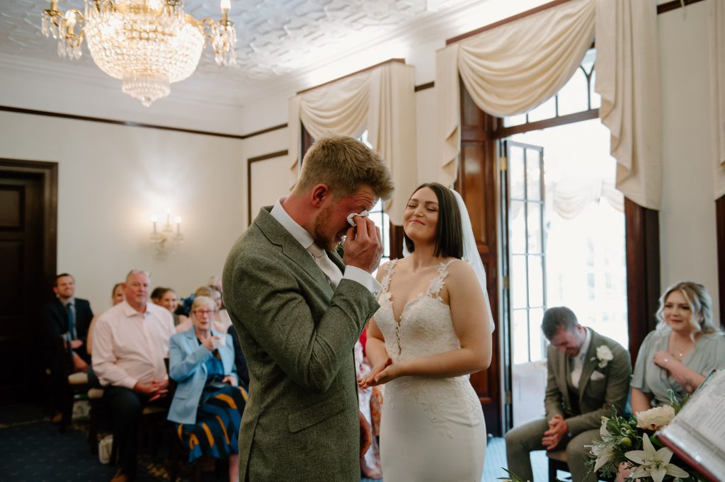 Emotional Moment for Groom in Leatherhead Registry Wedding